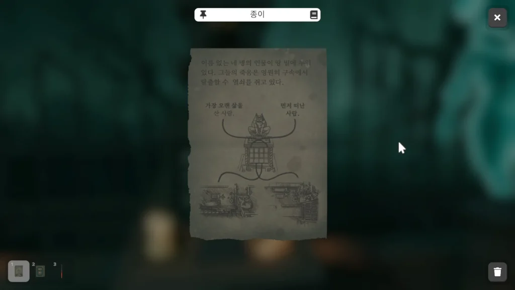 혼령 4명의 특징을 입력하는 종이 퍼즐